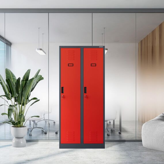 Jan Nowak Spind Schrank, Metallschrank, Kleiderschrank, Schließfachschrank | 2 Abteile mit Kleiderstange, Trennwände, Lüftungsschlitze, 4 Kleiderhaken pro Abteil | 180 cm x 80 cm x 50 cm Anthrazit/Rot
