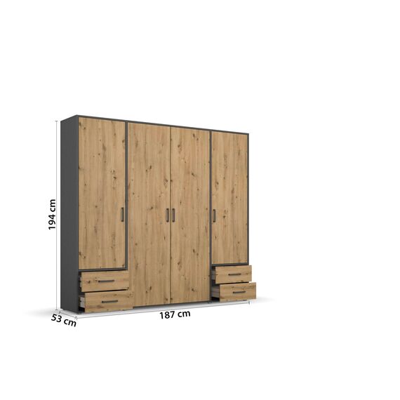 Rauch Möbel Voyager, Kleiderschrank für Schlafzimmer, Kinderzimmer, Jugendzimmer, Flur, 4-türig, 4 Schubladen, mit Zubehör Premium, Farbe Eiche Artisan, Holz/Grau metallic, Schwarz, Breite 187cm