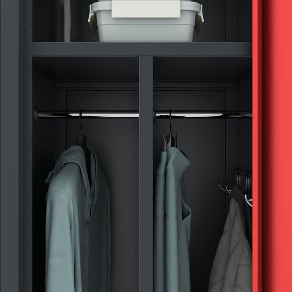 Jan Nowak Spind Schrank, Metallschrank, Kleiderschrank, Schließfachschrank | 2 Abteile mit Kleiderstange, Trennwände, Lüftungsschlitze, 4 Kleiderhaken pro Abteil | 180 cm x 80 cm x 50 cm Anthrazit/Rot