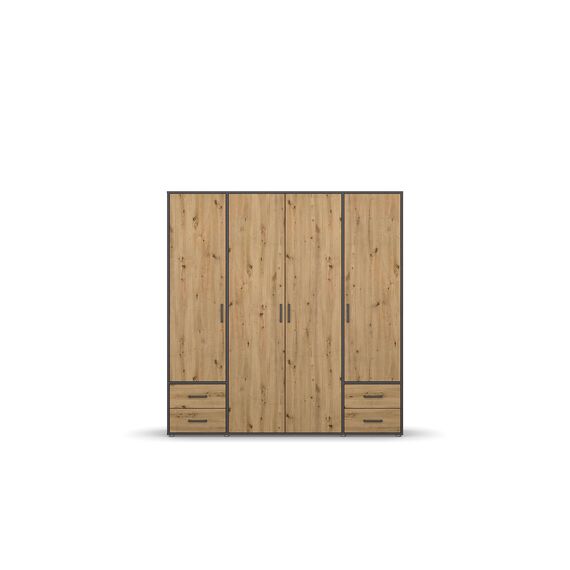 Rauch Möbel Voyager, Kleiderschrank für Schlafzimmer, Kinderzimmer, Jugendzimmer, Flur, 4-türig, 4 Schubladen, mit Zubehör Classic, Farbe Eiche Artisan, Holz/Grau metallic, Schwarz, Breite 187cm
