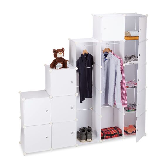 Relaxdays Kleiderschrank Stecksystem mit 2 Kleiderstangen, Garderobe mit 14 Fächer, Kunststoff Regalsystem, weiß