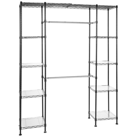 Amazon Basics Ausziehbarer Offener Kleiderschrank mit 10 Höhenverstellbaren Einlegeböden - Maximalgewicht 521 kg, Schwarz, 144.8 - 203.2 x 35.6 x 182.9 cm