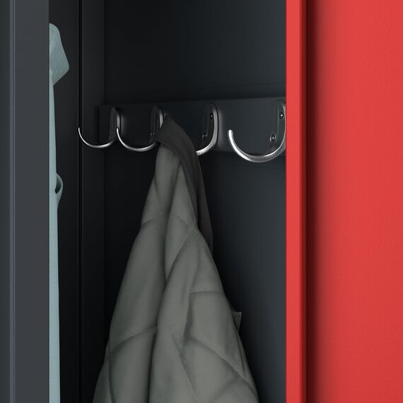 Jan Nowak Spind Schrank, Metallschrank, Kleiderschrank, Schließfachschrank | 2 Abteile mit Kleiderstange, Trennwände, Lüftungsschlitze, 4 Kleiderhaken pro Abteil | 180 cm x 80 cm x 50 cm Anthrazit/Rot