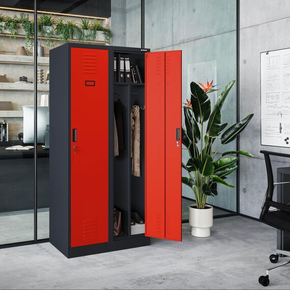 Jan Nowak Spind Schrank, Metallschrank, Kleiderschrank, Schließfachschrank | 2 Abteile mit Kleiderstange, Trennwände, Lüftungsschlitze, 4 Kleiderhaken pro Abteil | 180 cm x 80 cm x 50 cm Anthrazit/Rot