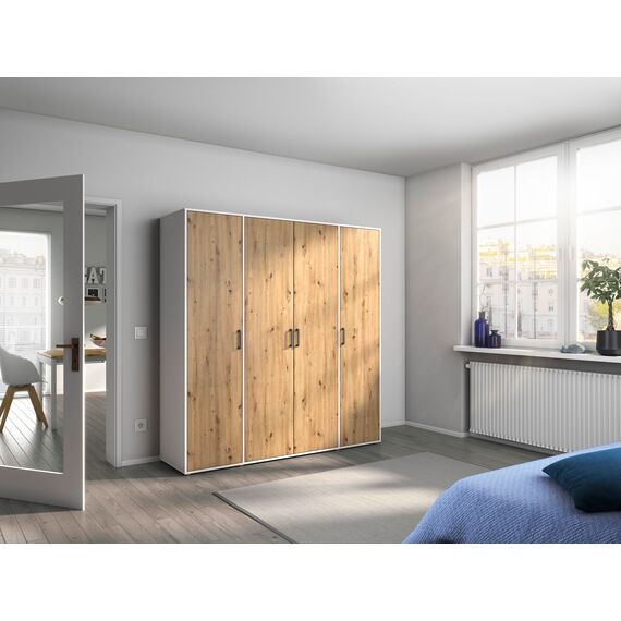 Rauch Möbel Voyager, Kleiderschrank für Schlafzimmer, Kinderzimmer, Jugendzimmer, Flur, 4-türig, mit Zubehör Classic, Farbe Eiche Artisan, Holz/Weiß, Breite 187cm