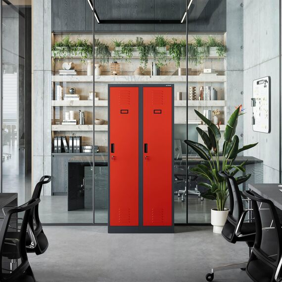 Jan Nowak Spind Schrank, Metallschrank, Kleiderschrank, Schließfachschrank | 2 Abteile mit Kleiderstange, Trennwände, Lüftungsschlitze, 4 Kleiderhaken pro Abteil | 180 cm x 80 cm x 50 cm Anthrazit/Rot