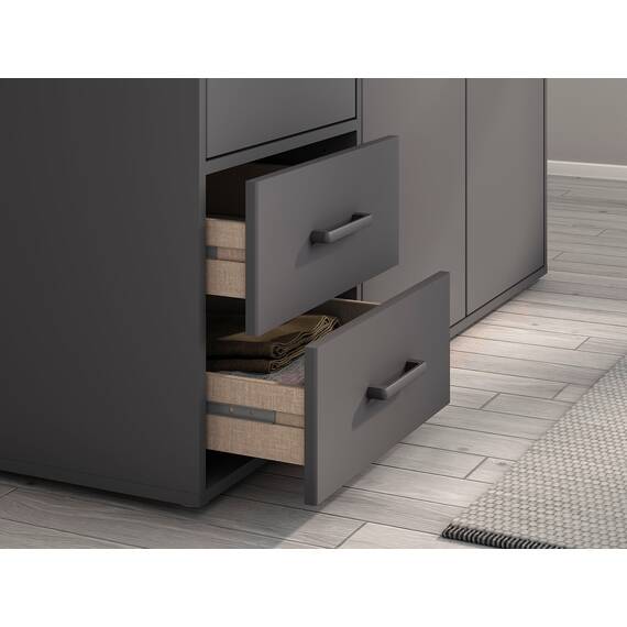 Rauch Möbel Voyager, Kleiderschrank für Schlafzimmer, Kinderzimmer, Babyzimmer, Jugendzimmer, Flur, 3-türig, 2 Schubladen, mit Zubehör Basic, Farbe Grau metallic, Schwarz, Breite 140cm