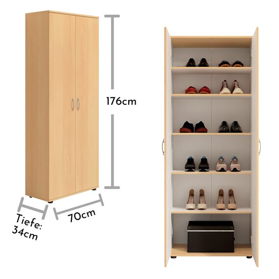 TALENT 3 Schuhschrank hoch, Buche Optik - Vielseitiger Mehrzweckschrank mit verstellbaren Einlegeböden - 70 x 176 x 35 cm (B/H/T)