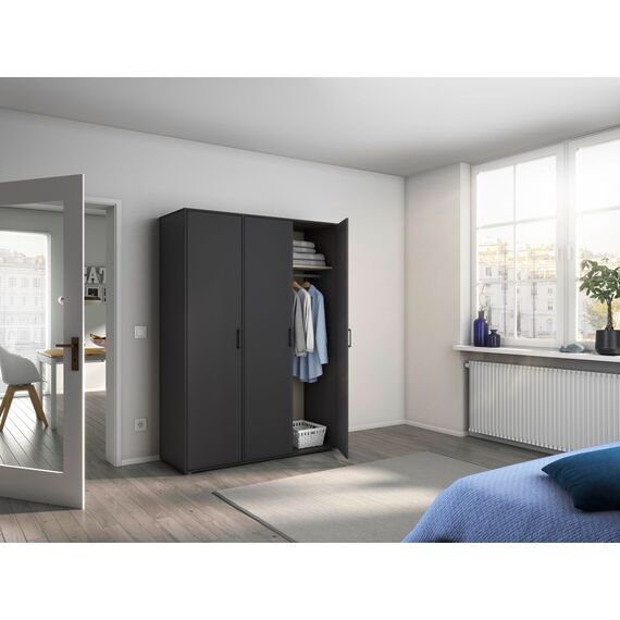 Rauch Möbel Voyager, Kleiderschrank für Schlafzimmer, Kinderzimmer, Jugendzimmer, Flur, 3-türig, mit Zubehör Classic, Farbe Grau metallic, Schwarz, Breite 140cm