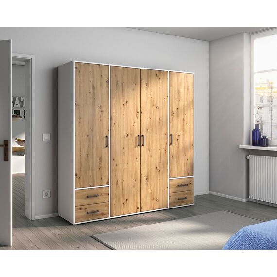 Rauch Möbel Voyager, Kleiderschrank für Schlafzimmer, Kinderzimmer, Babyzimmer, Jugendzimmer, Flur, 4-türig, 4 Schubladen, mit Zubehör Basic, Farbe Eiche Artisan, Holz/Weiß, Breite 187cm