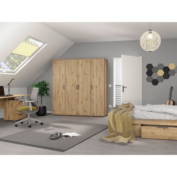 Rauch Möbel Voyager, Kleiderschrank für Schlafzimmer, Kinderzimmer, Babyzimmer, Jugendzimmer, Flur, 4-türig, mit Zubehör Basic, Farbe Eiche Artisan, Holz, Breite 187cm