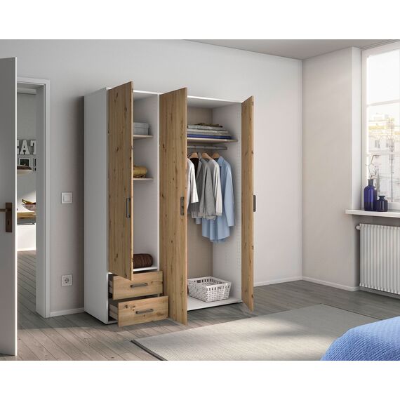 Rauch Möbel Voyager, Kleiderschrank für Schlafzimmer, Kinderzimmer, Babyzimmer, Jugendzimmer, Flur, 3-türig, 2 Schubladen, mit Zubehör Basic, Farbe Eiche Artisan, Holz/Weiß, Breite 140cm