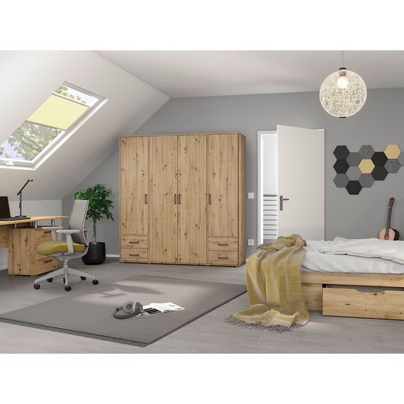 Rauch Möbel Voyager, Kleiderschrank für Schlafzimmer, Kinderzimmer, Jugendzimmer, Flur, 4-türig, 4 Schubladen, mit Zubehör Classic, Farbe Eiche Artisan, Holz, Breite 187cm
