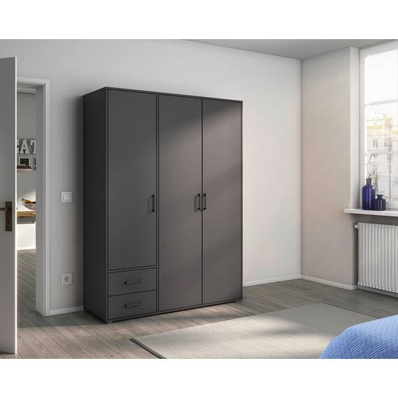 Rauch Möbel Voyager, Kleiderschrank für Schlafzimmer, Kinderzimmer, Babyzimmer, Jugendzimmer, Flur, 3-türig, 2 Schubladen, mit Zubehör Basic, Farbe Grau metallic, Schwarz, Breite 140cm