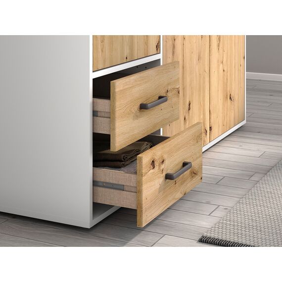 Rauch Möbel Voyager, Kleiderschrank für Schlafzimmer, Kinderzimmer, Babyzimmer, Jugendzimmer, Flur, 4-türig, 4 Schubladen, mit Zubehör Basic, Farbe Eiche Artisan, Holz/Weiß, Breite 187cm