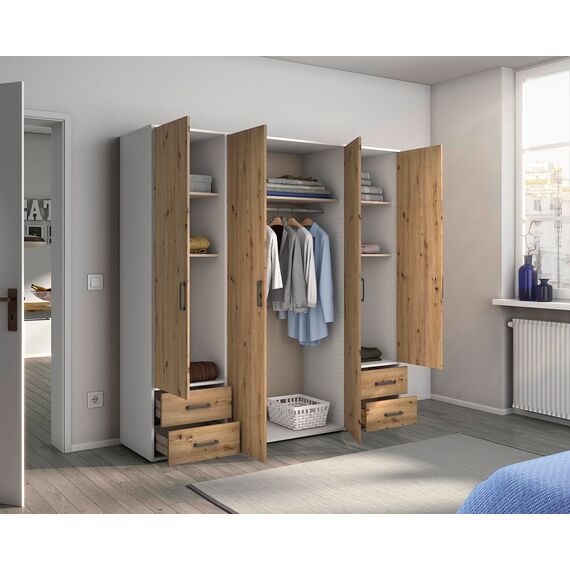 Rauch Möbel Voyager, Kleiderschrank für Schlafzimmer, Kinderzimmer, Babyzimmer, Jugendzimmer, Flur, 4-türig, 4 Schubladen, mit Zubehör Basic, Farbe Eiche Artisan, Holz/Weiß, Breite 187cm