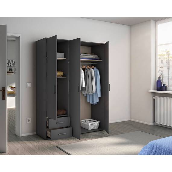 Rauch Möbel Voyager, Kleiderschrank für Schlafzimmer, Kinderzimmer, Babyzimmer, Jugendzimmer, Flur, 3-türig, 2 Schubladen, mit Zubehör Basic, Farbe Grau metallic, Schwarz, Breite 140cm
