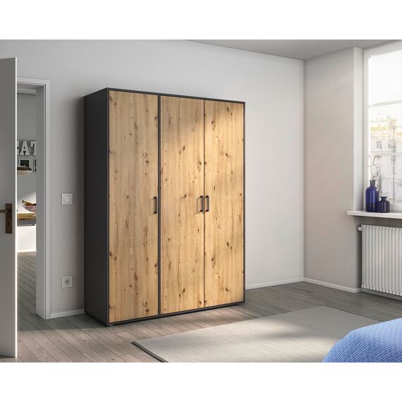 Rauch Möbel Voyager, Kleiderschrank für Schlafzimmer, Kinderzimmer, Babyzimmer, Jugendzimmer, Flur, 3-türig, mit Zubehör Basic, Farbe Eiche Artisan, Holz/Grau metallic, Schwarz, Breite 140cm
