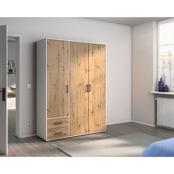 Rauch Möbel Voyager, Kleiderschrank für Schlafzimmer, Kinderzimmer, Babyzimmer, Jugendzimmer, Flur, 3-türig, 2 Schubladen, mit Zubehör Basic, Farbe Eiche Artisan, Holz/Weiß, Breite 140cm