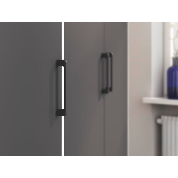 Rauch Möbel Voyager, Kleiderschrank für Schlafzimmer, Kinderzimmer, Babyzimmer, Jugendzimmer, Flur, 3-türig, 2 Schubladen, mit Zubehör Basic, Farbe Grau metallic, Schwarz/Weiß, Breite 140cm