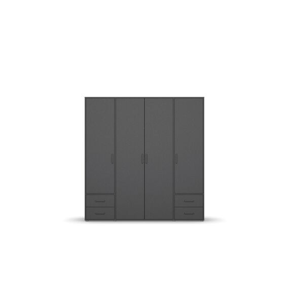 Rauch Möbel Voyager, Kleiderschrank für Schlafzimmer, Kinderzimmer, Jugendzimmer, Flur, 4-türig, 4 Schubladen, mit Zubehör Premium, Farbe Grau metallic, Schwarz, Breite 187cm