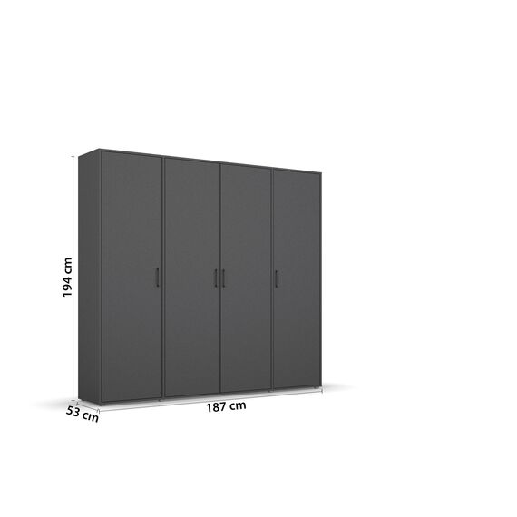 Rauch Möbel Voyager, Kleiderschrank für Schlafzimmer, Kinderzimmer, Jugendzimmer, Flur, 4-türig, mit Zubehör Premium, Farbe Grau metallic, Schwarz, Breite 187cm
