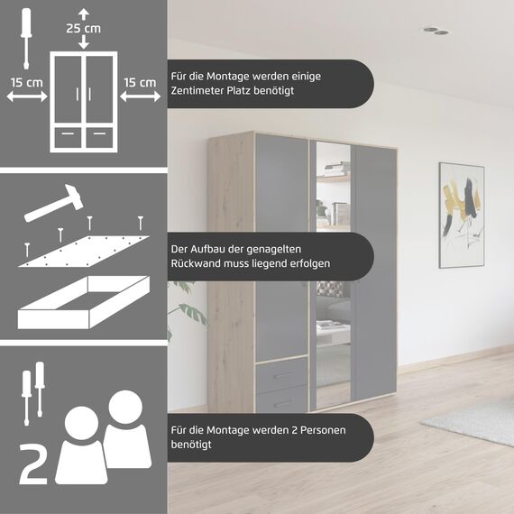 Rauch Möbel Voyager, Kleiderschrank für Schlafzimmer, Kinderzimmer, Jugendzimmer, Flur, 4-türig, mit Zubehör Premium, Farbe Eiche Artisan, Holz/Grau metallic, Schwarz, Breite 187cm