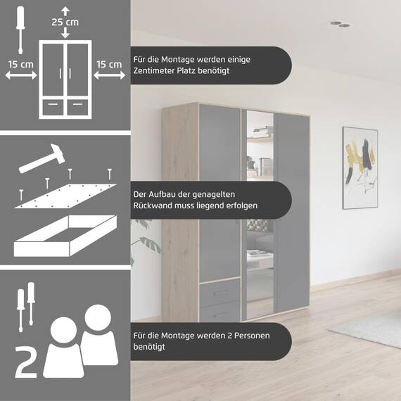 Rauch Möbel Voyager, Kleiderschrank für Schlafzimmer, Kinderzimmer, Jugendzimmer, Flur, 3-türig, mit Zubehör Classic, Farbe Eiche Artisan, Holz/Weiß, Breite 140cm