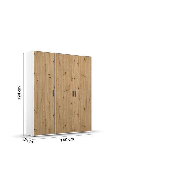 Rauch Möbel Voyager, Kleiderschrank für Schlafzimmer, Kinderzimmer, Babyzimmer, Jugendzimmer, Flur, 3-türig, mit Zubehör Basic, Farbe Eiche Artisan, Holz/Weiß, Breite 140cm