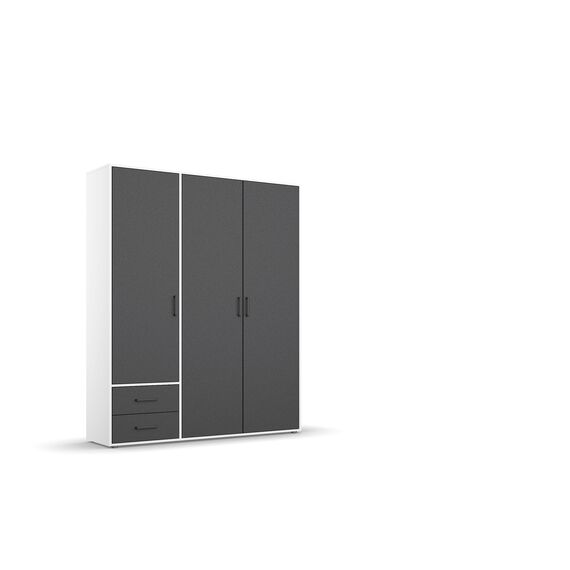 Rauch Möbel Voyager, Kleiderschrank für Schlafzimmer, Kinderzimmer, Jugendzimmer, Flur, 3-türig, 2 Schubladen, mit Zubehör Classic, Farbe Grau metallic, Schwarz/Weiß, Breite 140cm