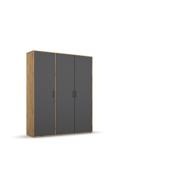Rauch Möbel Voyager, Kleiderschrank für Schlafzimmer, Kinderzimmer, Babyzimmer, Jugendzimmer, Flur, 3-türig, mit Zubehör Basic, Farbe Grau metallic, Schwarz/Eiche Artisan, Holz, Breite 140cm