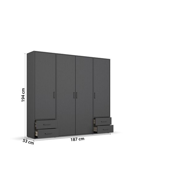 Rauch Möbel Voyager, Kleiderschrank für Schlafzimmer, Kinderzimmer, Jugendzimmer, Flur, 4-türig, 4 Schubladen, mit Zubehör Classic, Farbe Grau metallic, Schwarz, Breite 187cm