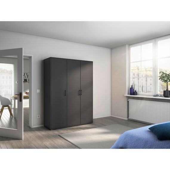 Rauch Möbel Voyager, Kleiderschrank für Schlafzimmer, Kinderzimmer, Jugendzimmer, Flur, 3-türig, mit Zubehör Premium, Farbe Grau metallic, Schwarz, Breite 140cm