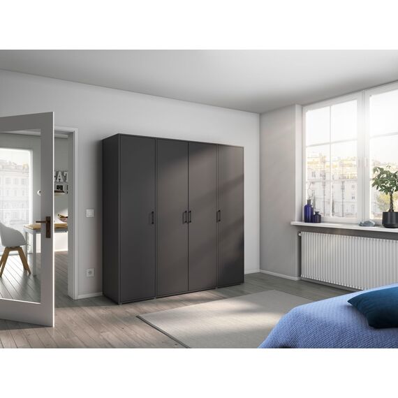 Rauch Möbel Voyager, Kleiderschrank für Schlafzimmer, Kinderzimmer, Jugendzimmer, Flur, 4-türig, mit Zubehör Premium, Farbe Grau metallic, Schwarz, Breite 187cm