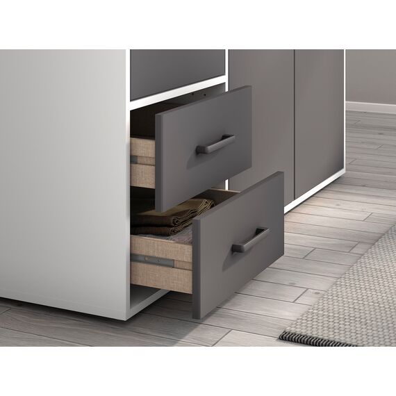 Rauch Möbel Voyager, Kleiderschrank für Schlafzimmer, Kinderzimmer, Babyzimmer, Jugendzimmer, Flur, 3-türig, 2 Schubladen, mit Zubehör Basic, Farbe Grau metallic, Schwarz/Weiß, Breite 140cm