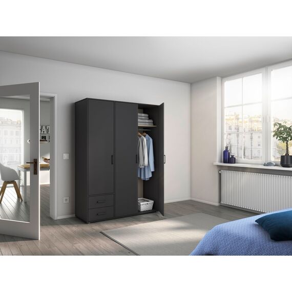 Rauch Möbel Voyager, Kleiderschrank für Schlafzimmer, Kinderzimmer, Jugendzimmer, Flur, 3-türig, 2 Schubladen, mit Zubehör Classic, Farbe Grau metallic, Schwarz, Breite 140cm