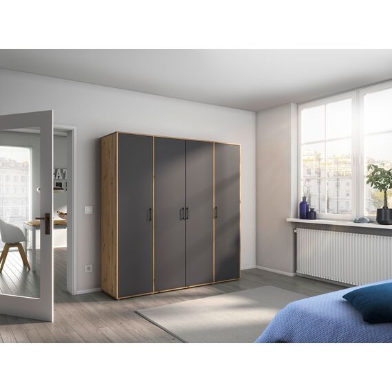 Rauch Möbel Voyager, Kleiderschrank für Schlafzimmer, Kinderzimmer, Jugendzimmer, Flur, 4-türig, mit Zubehör Premium, Farbe Grau metallic, Schwarz/Eiche Artisan, Holz, Breite 187cm