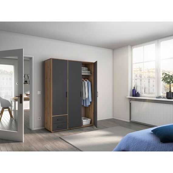 Rauch Möbel Voyager, Kleiderschrank für Schlafzimmer, Kinderzimmer, Jugendzimmer, Flur, 3-türig, 2 Schubladen, mit Zubehör Classic, Farbe Grau metallic, Schwarz/Eiche Artisan, Holz, Breite 140cm