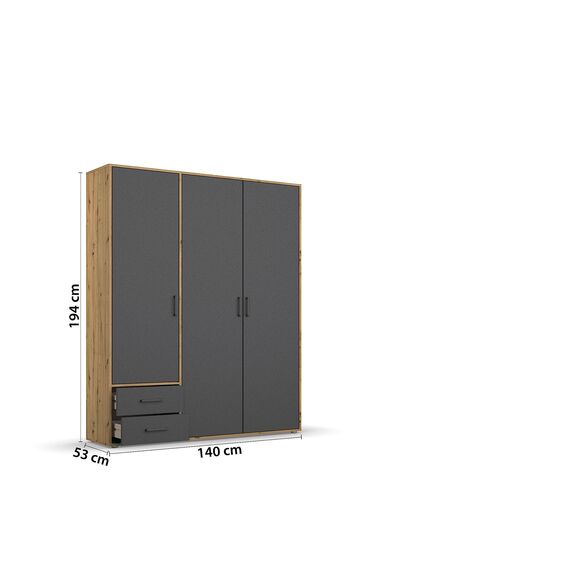 Rauch Möbel Voyager, Kleiderschrank für Schlafzimmer, Kinderzimmer, Jugendzimmer, Flur, 3-türig, 2 Schubladen, mit Zubehör Classic, Farbe Grau metallic, Schwarz/Eiche Artisan, Holz, Breite 140cm