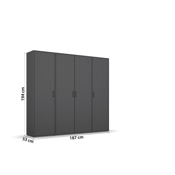 Rauch Möbel Voyager, Kleiderschrank für Schlafzimmer, Kinderzimmer, Jugendzimmer, Flur, 4-türig, mit Zubehör Classic, Farbe Grau metallic, Schwarz, Breite 187cm