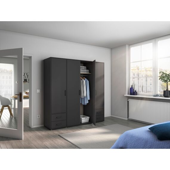 Rauch Möbel Voyager, Kleiderschrank für Schlafzimmer, Kinderzimmer, Jugendzimmer, Flur, 4-türig, 4 Schubladen, mit Zubehör Classic, Farbe Grau metallic, Schwarz, Breite 187cm