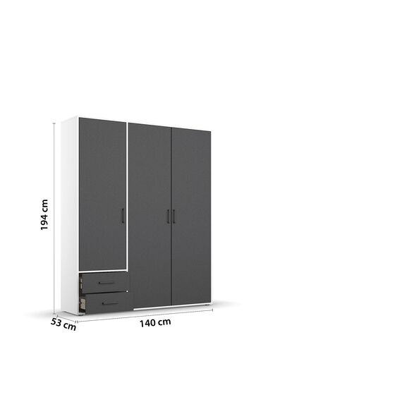 Rauch Möbel Voyager, Kleiderschrank für Schlafzimmer, Kinderzimmer, Jugendzimmer, Flur, 3-türig, 2 Schubladen, mit Zubehör Classic, Farbe Grau metallic, Schwarz/Weiß, Breite 140cm