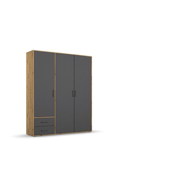 Rauch Möbel Voyager, Kleiderschrank für Schlafzimmer, Kinderzimmer, Jugendzimmer, Flur, 3-türig, 2 Schubladen, mit Zubehör Classic, Farbe Grau metallic, Schwarz/Eiche Artisan, Holz, Breite 140cm