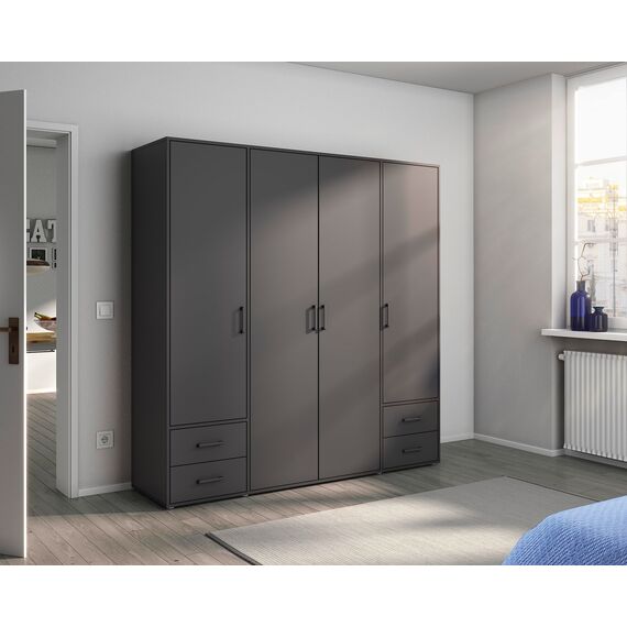 Rauch Möbel Voyager, Kleiderschrank für Schlafzimmer, Kinderzimmer, Babyzimmer, Jugendzimmer, Flur, 4-türig, 4 Schubladen, mit Zubehör Basic, Farbe Grau metallic, Schwarz, Breite 187cm