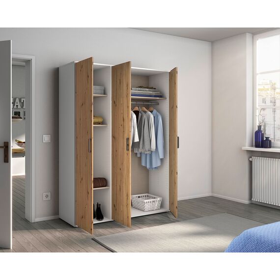Rauch Möbel Voyager, Kleiderschrank für Schlafzimmer, Kinderzimmer, Babyzimmer, Jugendzimmer, Flur, 3-türig, mit Zubehör Basic, Farbe Eiche Artisan, Holz/Weiß, Breite 140cm