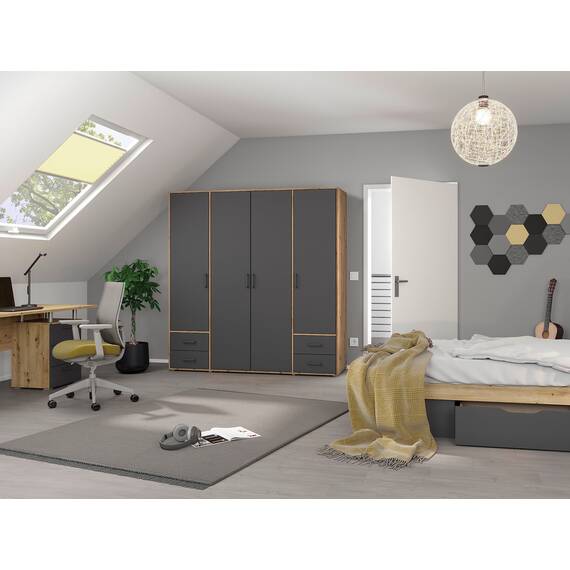 Rauch Möbel Voyager, Kleiderschrank für Schlafzimmer, Kinderzimmer, Babyzimmer, Flur, 4-türig, 4 Schubladen, mit Zubehör Basic, Farbe Grau metallic, Schwarz/Eiche Artisan, Holz, Breite 187cm