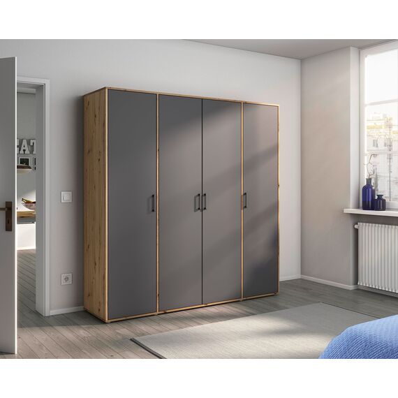 Rauch Möbel Voyager, Kleiderschrank für Schlafzimmer, Kinderzimmer, Babyzimmer, Jugendzimmer, Flur, 4-türig, mit Zubehör Basic, Farbe Grau metallic, Schwarz/Eiche Artisan, Holz, Breite 187cm