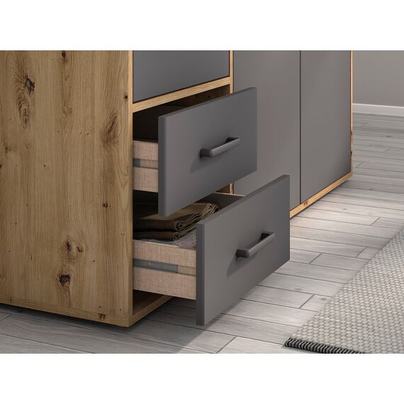 Rauch Möbel Voyager, Kleiderschrank für Schlafzimmer, Kinderzimmer, Babyzimmer, Flur, 3-türig, 2 Schubladen, mit Zubehör Basic, Farbe Grau metallic, Schwarz/Eiche Artisan, Holz, Breite 140cm