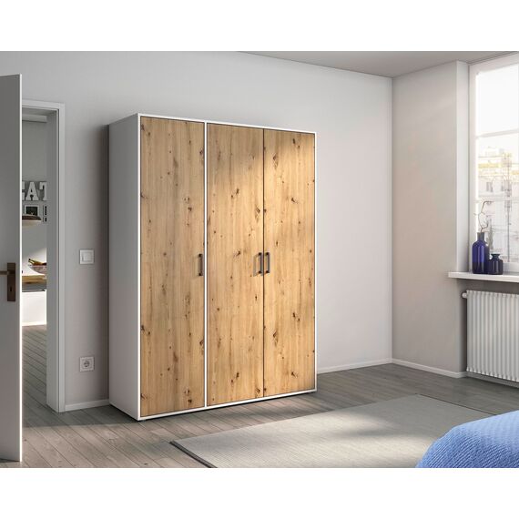 Rauch Möbel Voyager, Kleiderschrank für Schlafzimmer, Kinderzimmer, Babyzimmer, Jugendzimmer, Flur, 3-türig, mit Zubehör Basic, Farbe Eiche Artisan, Holz/Weiß, Breite 140cm