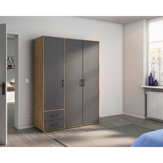 Rauch Möbel Voyager, Kleiderschrank für Schlafzimmer, Kinderzimmer, Babyzimmer, Flur, 3-türig, 2 Schubladen, mit Zubehör Basic, Farbe Grau metallic, Schwarz/Eiche Artisan, Holz, Breite 140cm